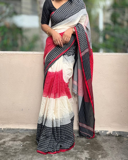 Cotton Linen Blend Geometric Check Saree