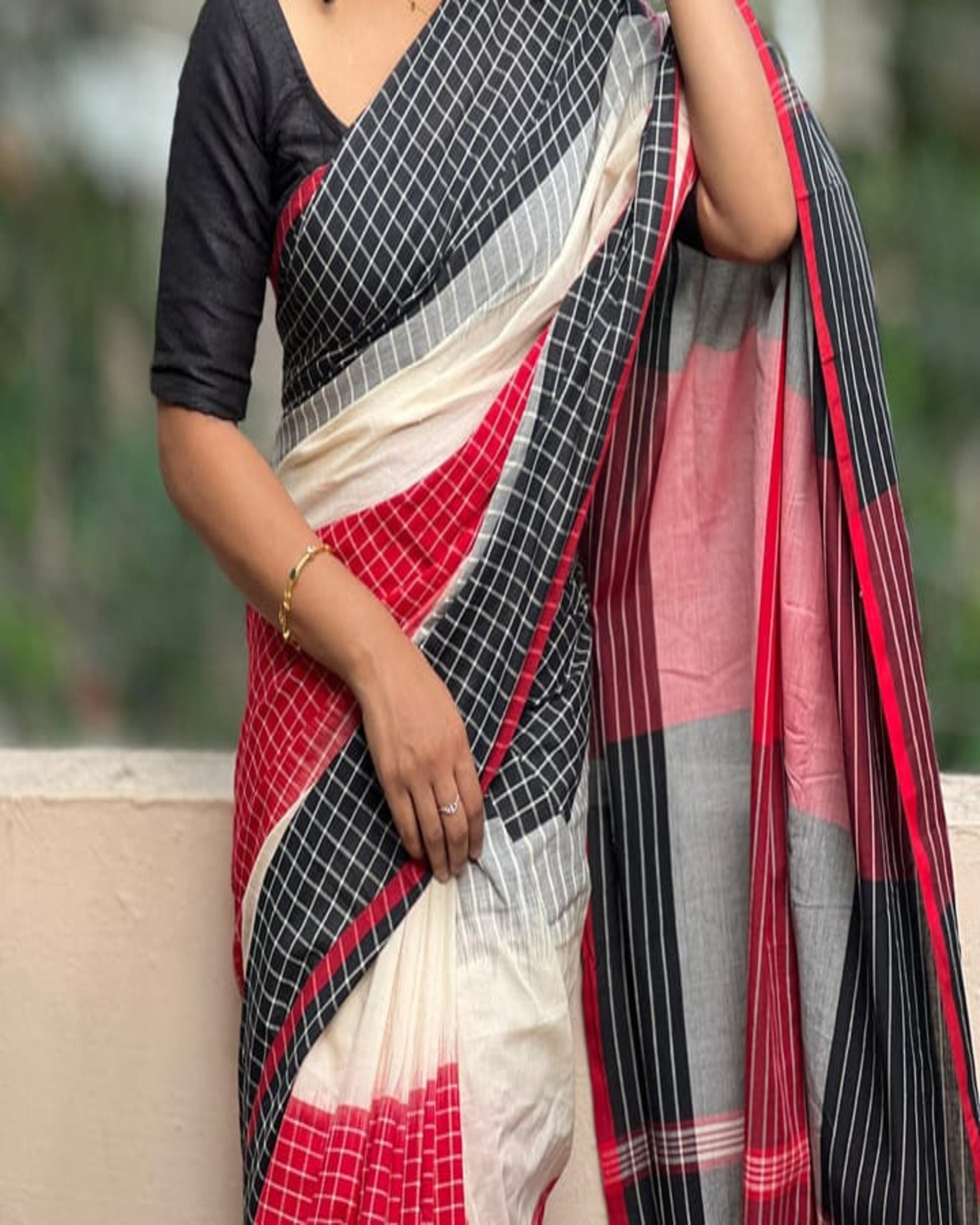 Women's Cotton Linen Blend Saree | Traditional Handloom-Look Geometric Checkered Pattern Saree with Unstitched Blouse Piece | Festive, Casual & Formal Wear (Off-White, Black & Red)