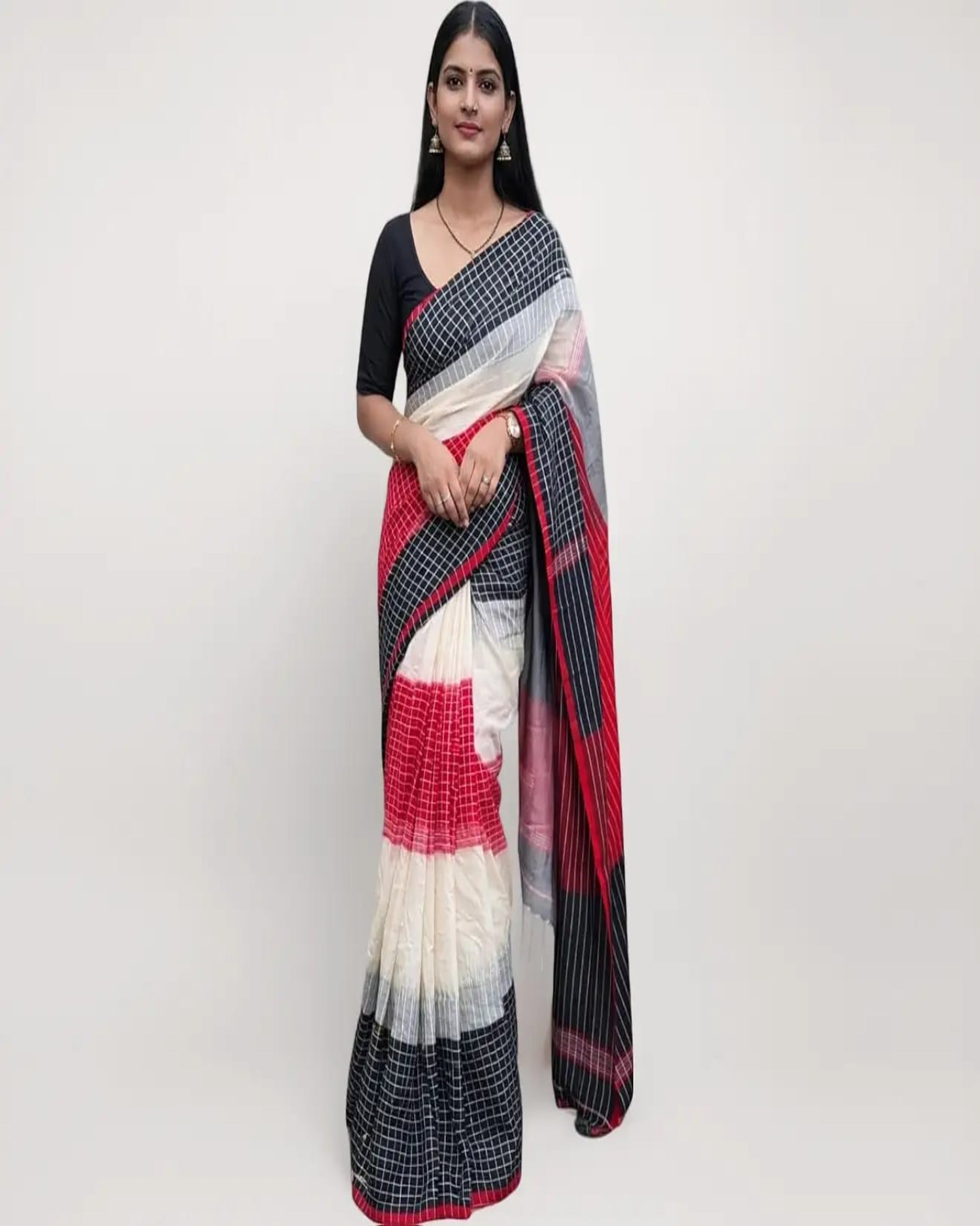 Women's Cotton Linen Blend Saree | Traditional Handloom-Look Geometric Checkered Pattern Saree with Unstitched Blouse Piece | Festive, Casual & Formal Wear (Off-White, Black & Red)