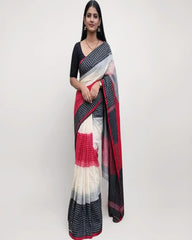 Women's Cotton Linen Blend Saree | Traditional Handloom-Look Geometric Checkered Pattern Saree with Unstitched Blouse Piece | Festive, Casual & Formal Wear (Off-White, Black & Red)
