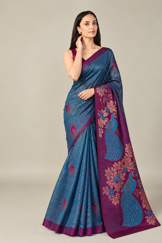 Royal Blue Wine Jacquard Silk Peacock Saree