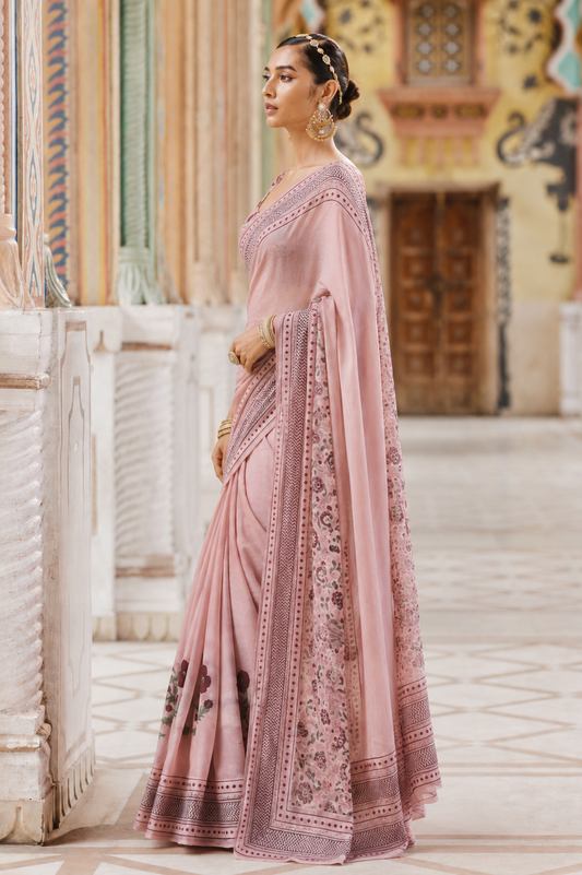 Blush Bloom Pure Linen Cotton Saree