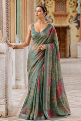 Premium Pure Linen Cotton Vintage Floral Saree