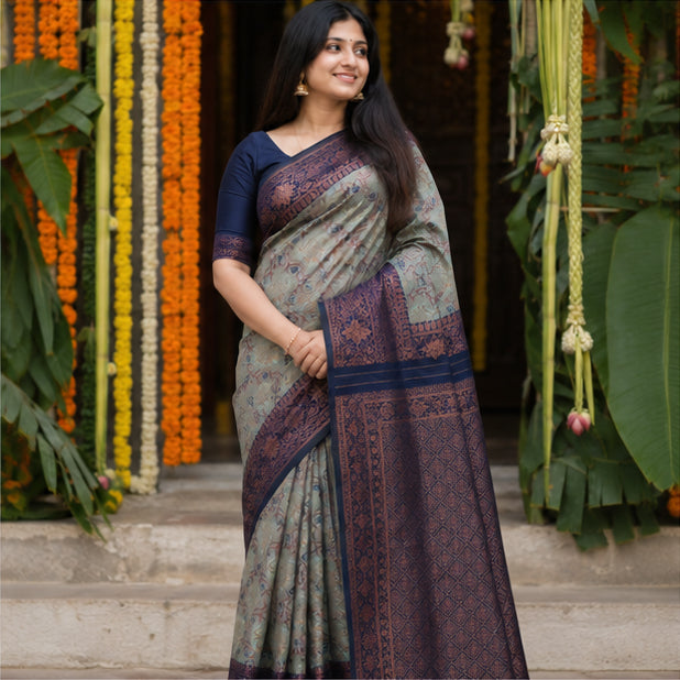 Vintage Sage Green & Navy Blue Jacquard Silk Saree – Antique Copper Zari Border Traditional Saree with Blouse Piece