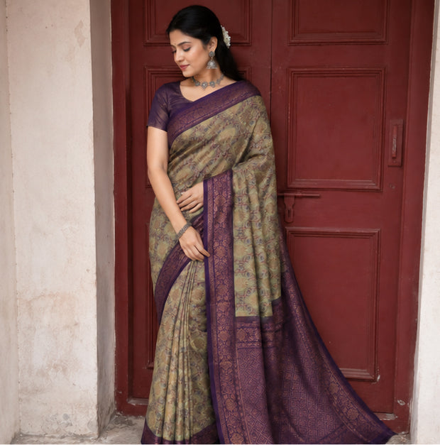 Vintage Olive Sage & Deep Purple Jacquard Silk Saree – Antique Copper Zari Border Traditional Saree with Blouse Piece