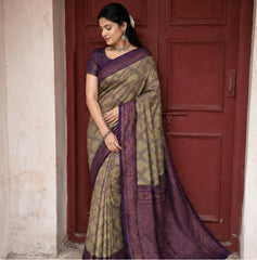 Vintage Olive Sage & Deep Purple Jacquard Silk Saree – Antique Copper Zari Border Traditional Saree with Blouse Piece