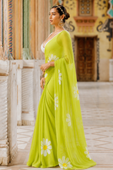 Elegant Green Floral Hand Painted Saree
