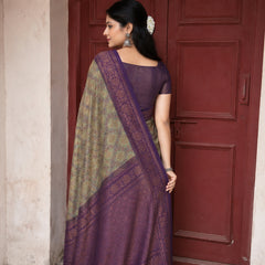 Vintage Olive Sage & Deep Purple Jacquard Silk Saree – Antique Copper Zari Border Traditional Saree with Blouse Piece
