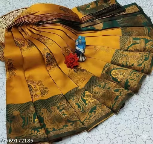 Mustard Gold & Bottle Green Jacquard Silk Saree – Traditional Baaraat & Elephant Motif Festive Saree with Blouse Piece