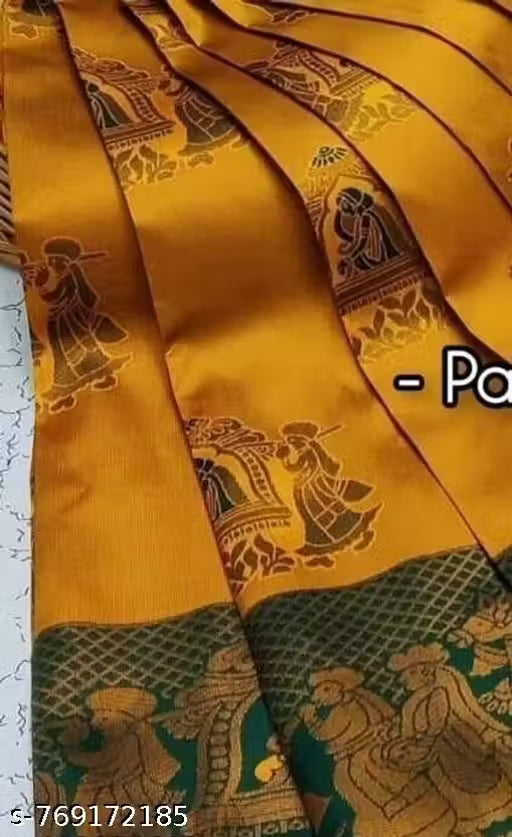 Mustard Gold & Bottle Green Jacquard Silk Saree – Traditional Baaraat & Elephant Motif Festive Saree with Blouse Piece