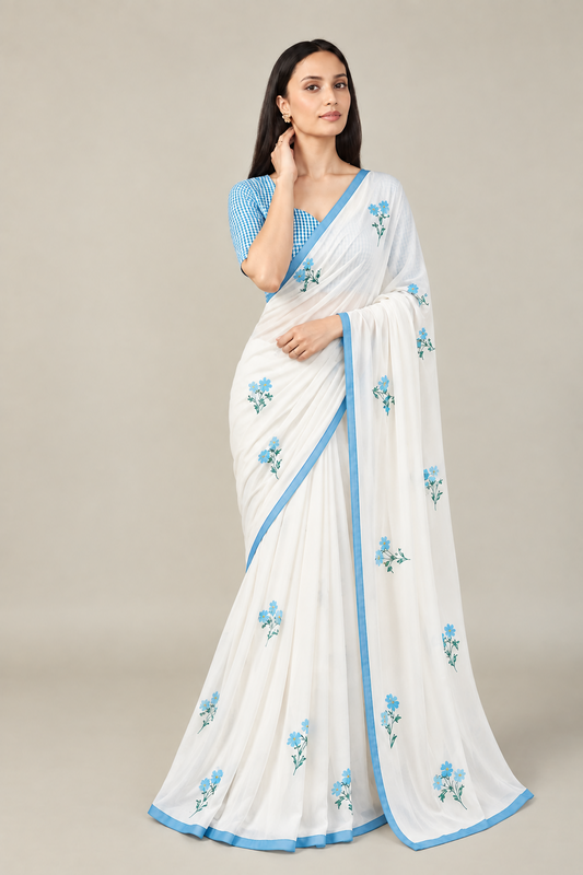 Pure Linen Cotton Floral Booti Print Saree