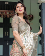 Ivory Olive Grey Linen Cotton Chevron Saree