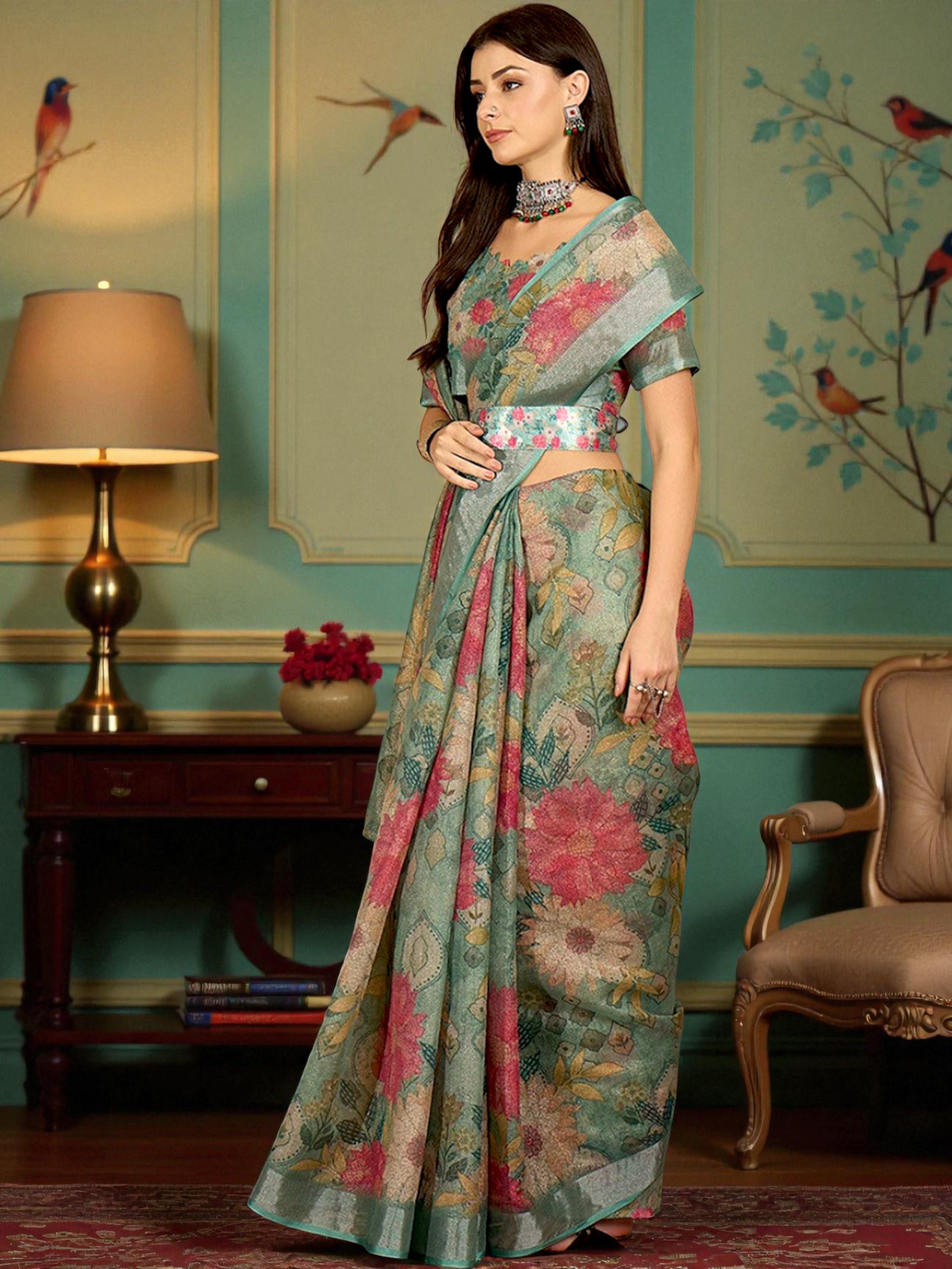 Premium Pure Linen Cotton Saree – Pastel Sage Green & Blush Pink Vintage Floral Digital Print Saree with Blouse Piece