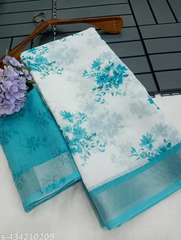 Pure Linen Cotton Floral Saree with Turquoise Zari Border – Frost White & Teal Bloom