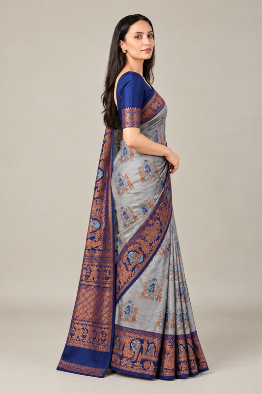 Silver Grey Navy Jacquard Silk Elephant Saree