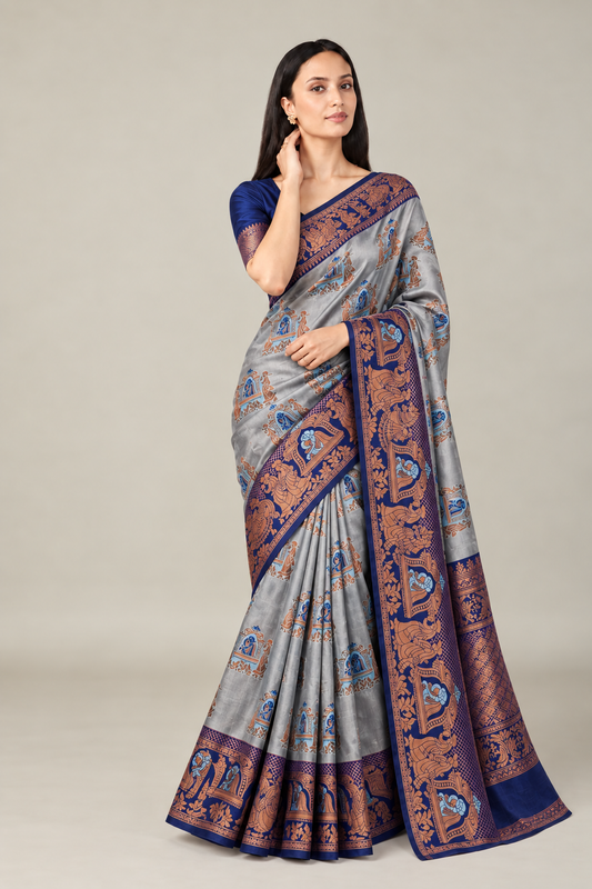 Silver Grey Navy Jacquard Silk Elephant Saree