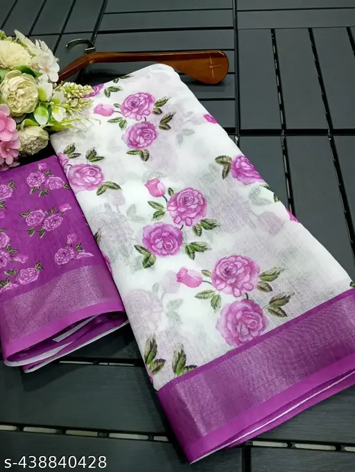 Pure Linen Cotton Rose Motif Saree with Orchid Border