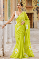 Elegant Green Floral Hand Painted Saree