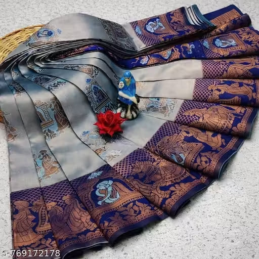 Silver Grey Navy Jacquard Silk Elephant Saree