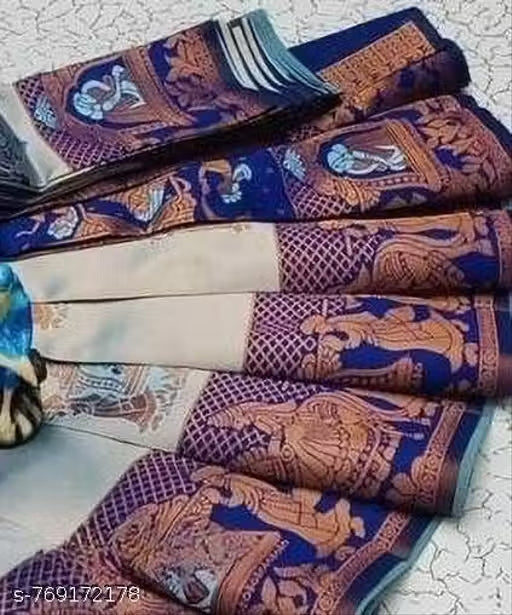 Silver Grey Navy Jacquard Silk Elephant Saree