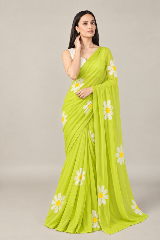 Elegant Green Floral Hand Painted Saree