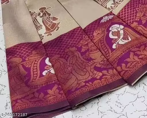 Royal Cream & Magenta Purple Jacquard Silk Saree – Traditional Baaraat & Elephant Motif Festive Saree with Blouse Piece