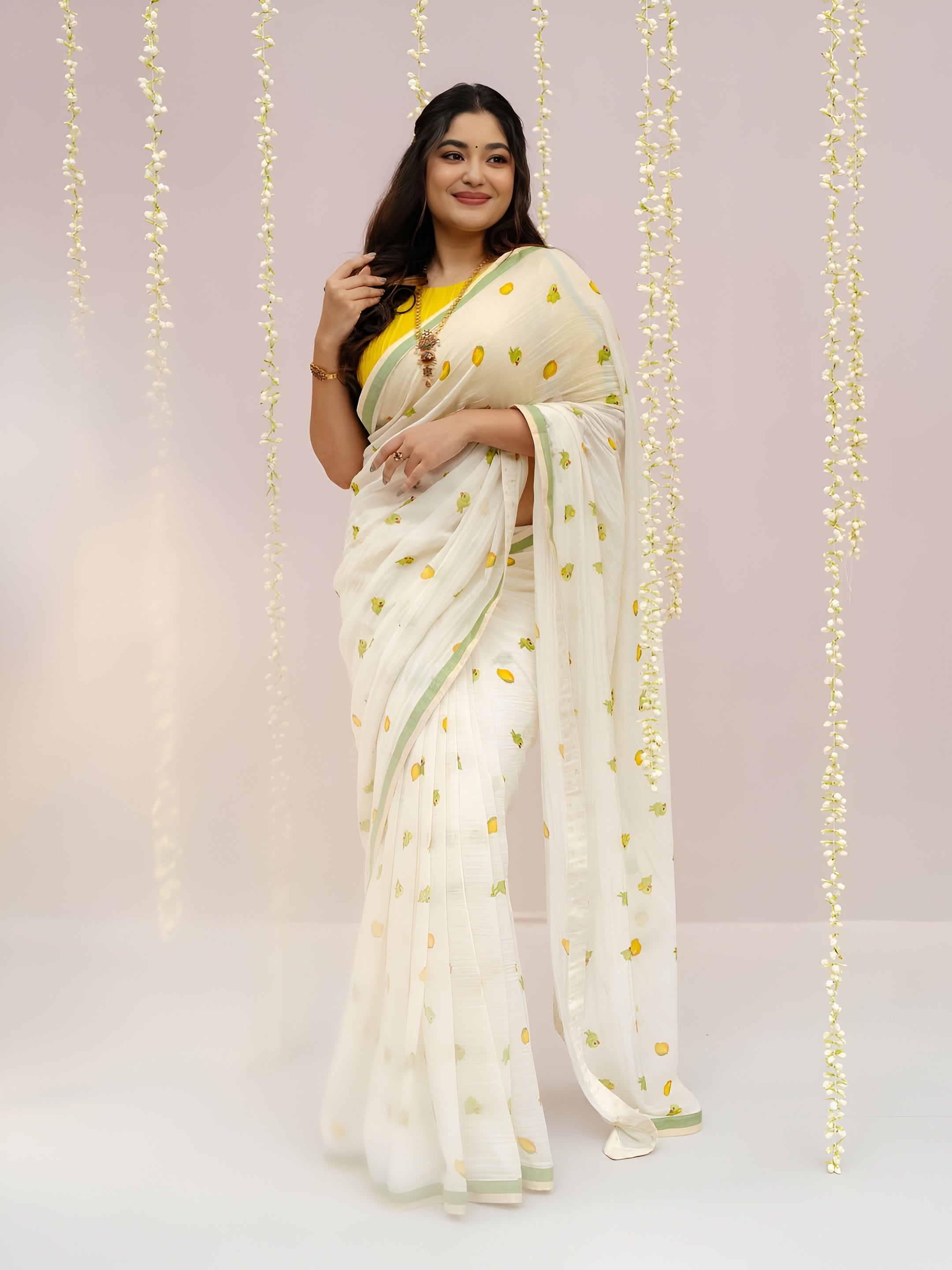Women's Premium Pure Linen Cotton Saree | Quirky Fruit Printed Casual & Festive Sari with Sleek Border & Unstitched Blouse Piece | Luxury Lightweight Summer & Daily Wear (Off-White & Mango Yellow)