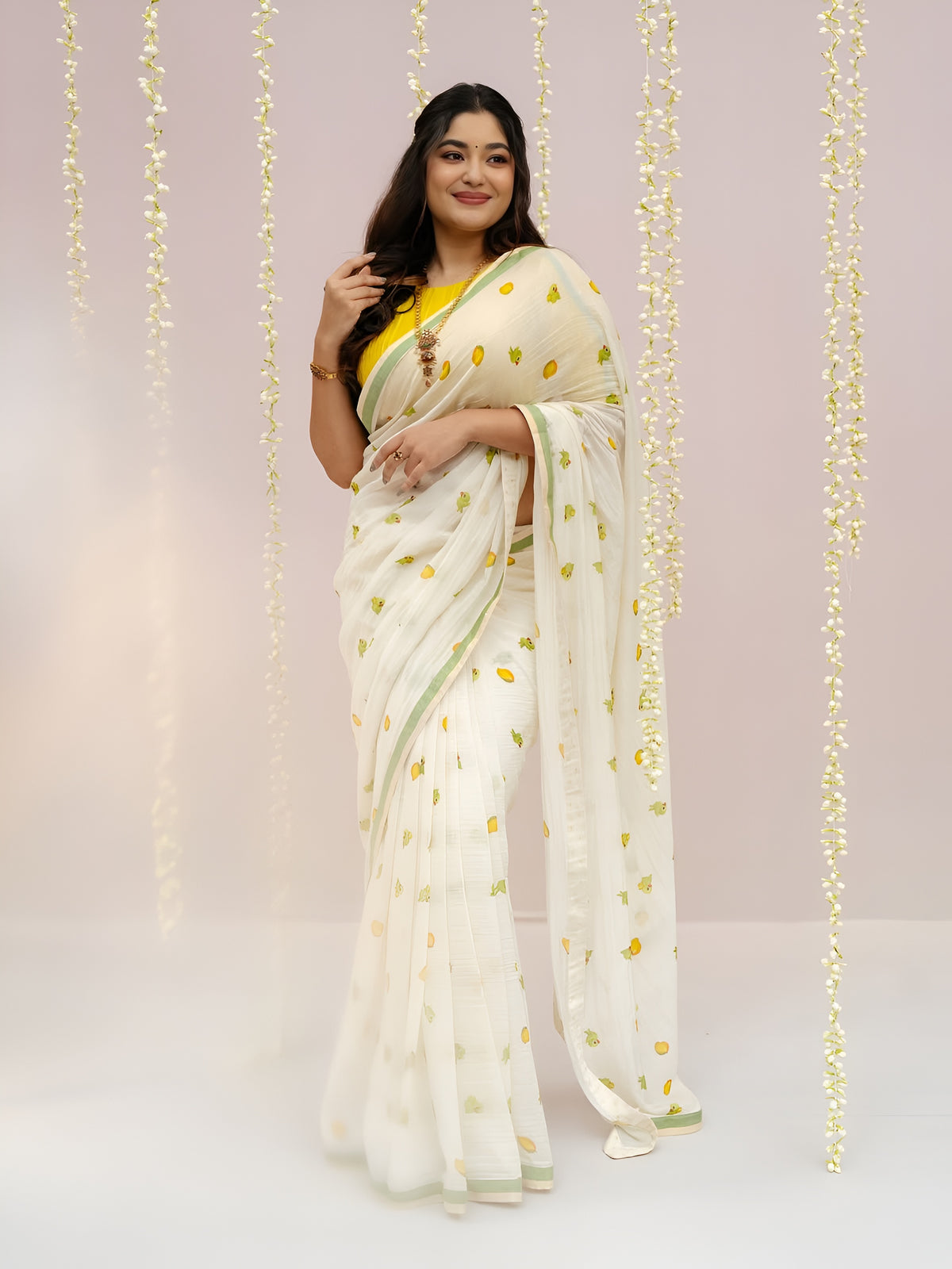 Women's Premium Pure Linen Cotton Saree | Quirky Fruit Printed Casual & Festive Sari with Sleek Border & Unstitched Blouse Piece | Luxury Lightweight Summer & Daily Wear (Off-White & Mango Yellow)