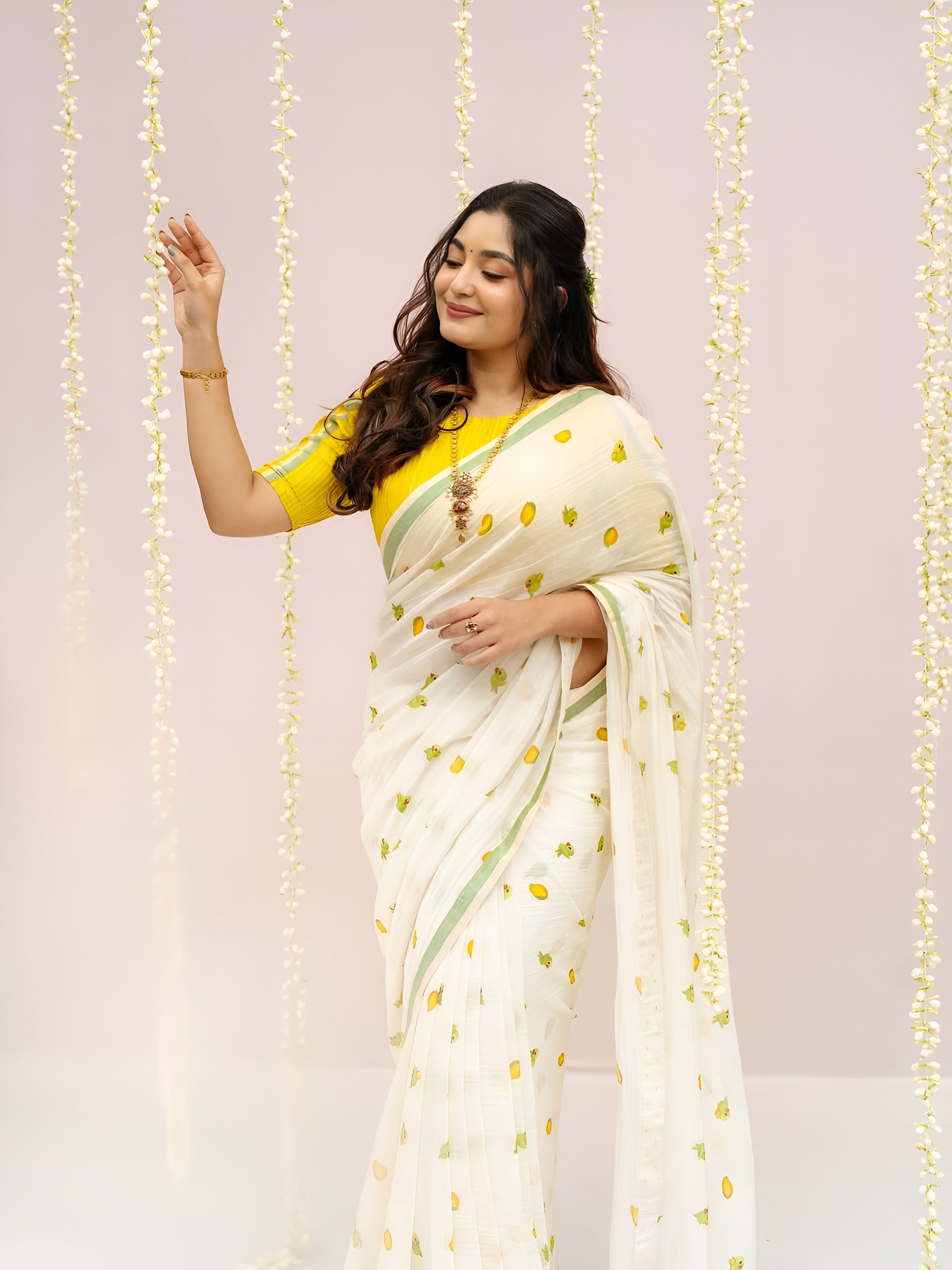 Women's Premium Pure Linen Cotton Saree | Quirky Fruit Printed Casual & Festive Sari with Sleek Border & Unstitched Blouse Piece | Luxury Lightweight Summer & Daily Wear (Off-White & Mango Yellow)
