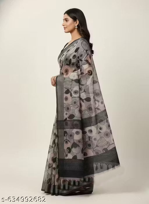 Premium Pure Linen Cotton Saree – Elegant Charcoal Grey & Blush Pink Retro Floral Digital Print Saree with Blouse Piece