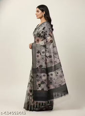 Premium Pure Linen Cotton Saree – Elegant Charcoal Grey & Blush Pink Retro Floral Digital Print Saree with Blouse Piece