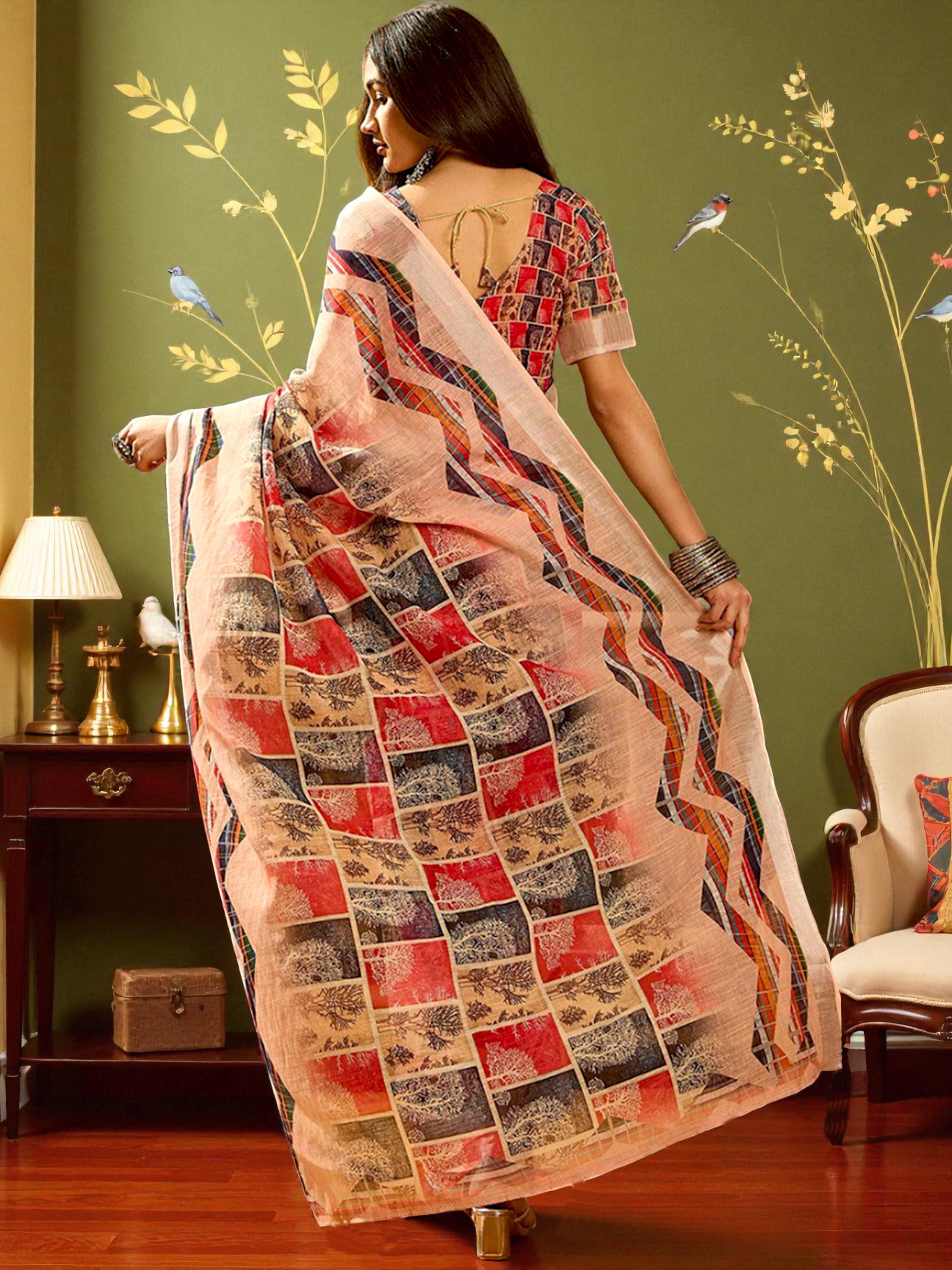 Premium Pure Linen Cotton Saree – Peach & Multi-Color Geometric Chevron & Tree Motif Digital Print Saree with Blouse Piece