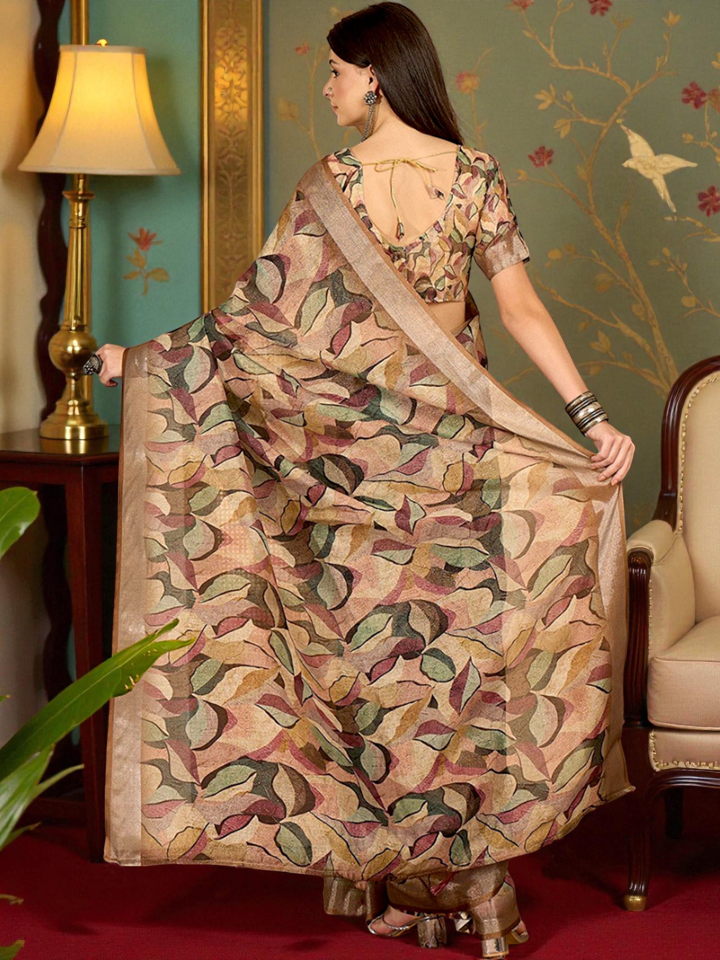 Premium Pure Linen Cotton Saree – Earthy Abstract Foliage Digital Print Casual Festive Saree with Blouse Piece