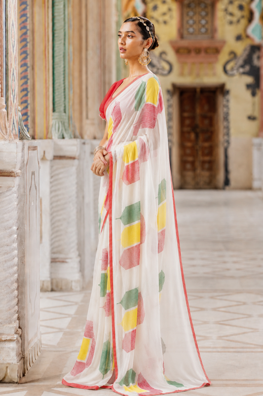Pure Linen Cotton Geometric Block Print Saree