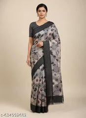 Premium Linen Cotton Retro Floral Print Saree