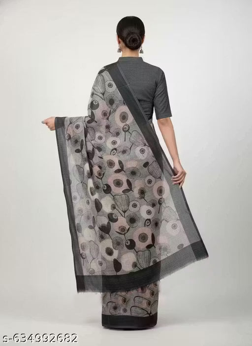 Premium Pure Linen Cotton Saree – Elegant Charcoal Grey & Blush Pink Retro Floral Digital Print Saree with Blouse Piece