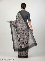 Premium Pure Linen Cotton Saree – Elegant Charcoal Grey & Blush Pink Retro Floral Digital Print Saree with Blouse Piece