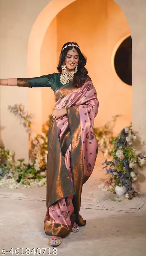 Blush Pink Green Kanjivaram Silk Saree with Zari