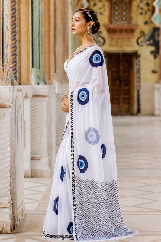 Pure Linen Cotton Evil Eye Print Saree with Pallu