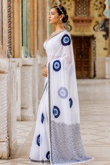 Pure Linen Cotton Evil Eye Print Saree with Pallu