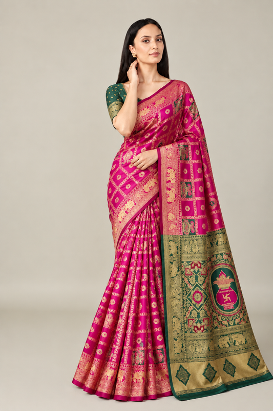 Rani Pink Green Jacquard Silk Elephant Saree
