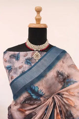 Premium Pure Linen Cotton Saree – Muted Beige-Taupe & Steel Blue Feather Digital Print Saree with Blouse Piece