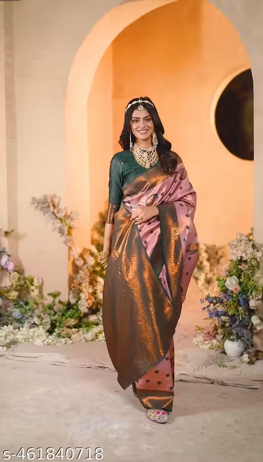 Elegant Blush Pink and Bottle Green Kanjivaram Silk Saree – Traditional Zari Weave with Floral Motif Border