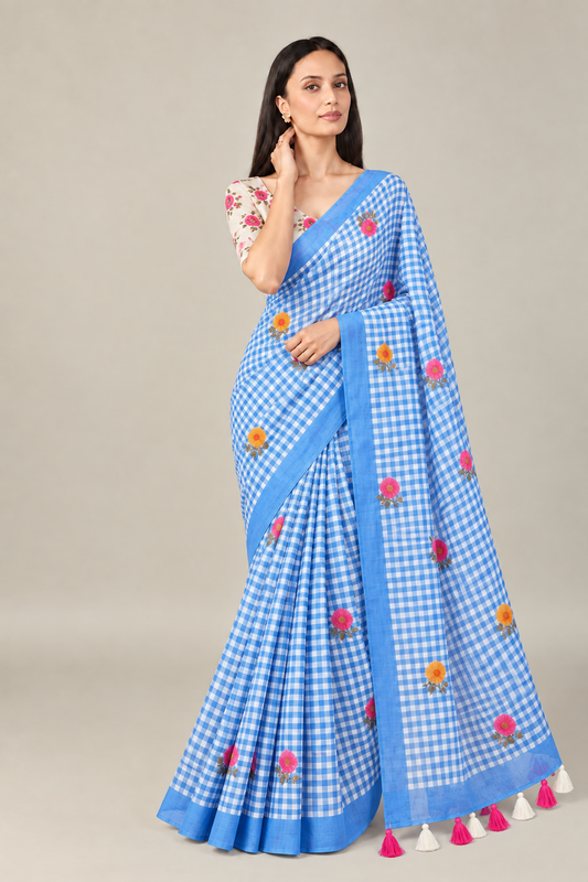 Indigo Check Cotton Saree – Floral Embroidery with Blouse Piece