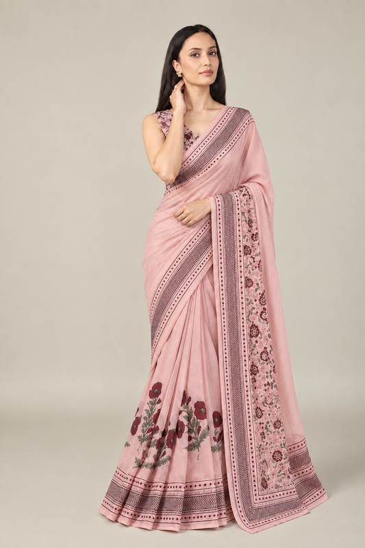 Blush Bloom Pure Linen Cotton Saree