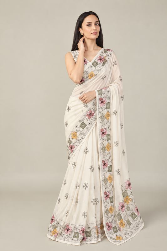 Pure Linen Cotton Floral Geometric Print Saree