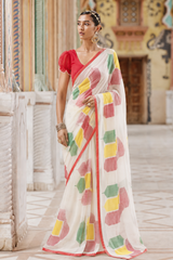 Pure Linen Cotton Geometric Block Print Saree