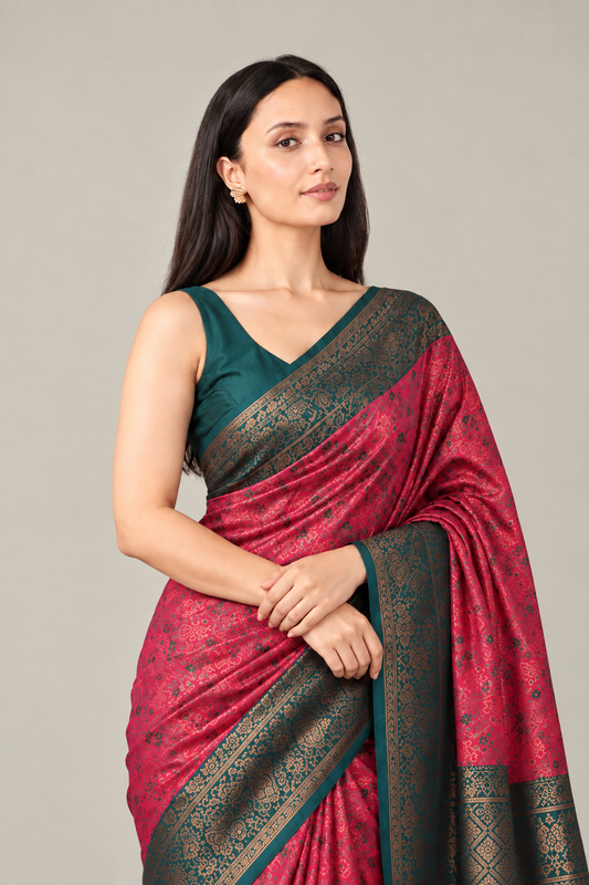 Deep Pink Teal Jacquard Silk Saree with Zari Pallu