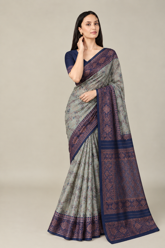 Sage Green Navy Jacquard Silk Saree with Zari Border