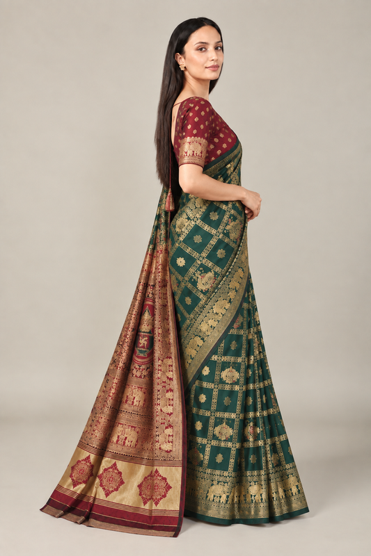 Emerald Green Maroon Jacquard Silk Saree